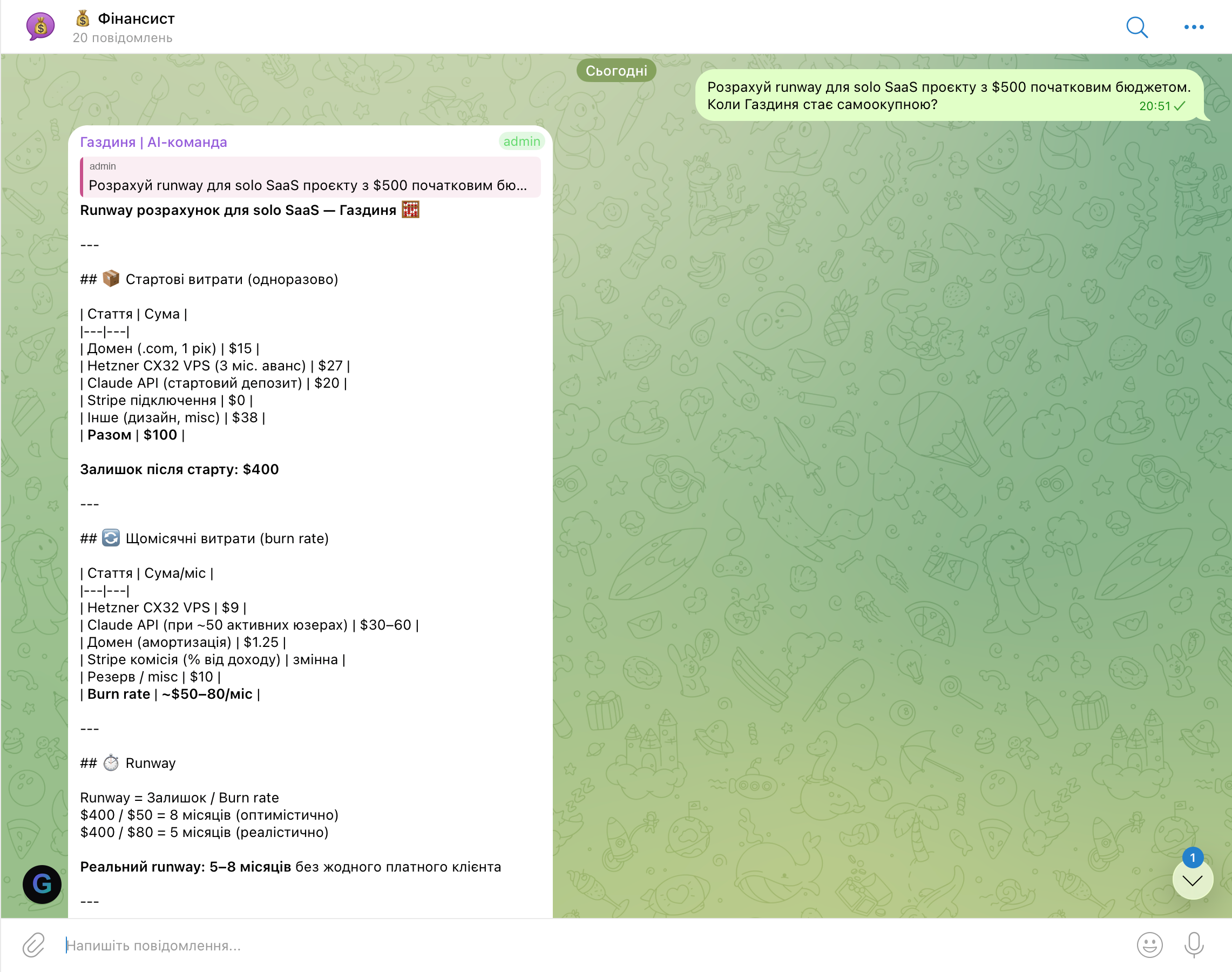 Фінансистка — runway розрахунок стартові витрати і burn rate
