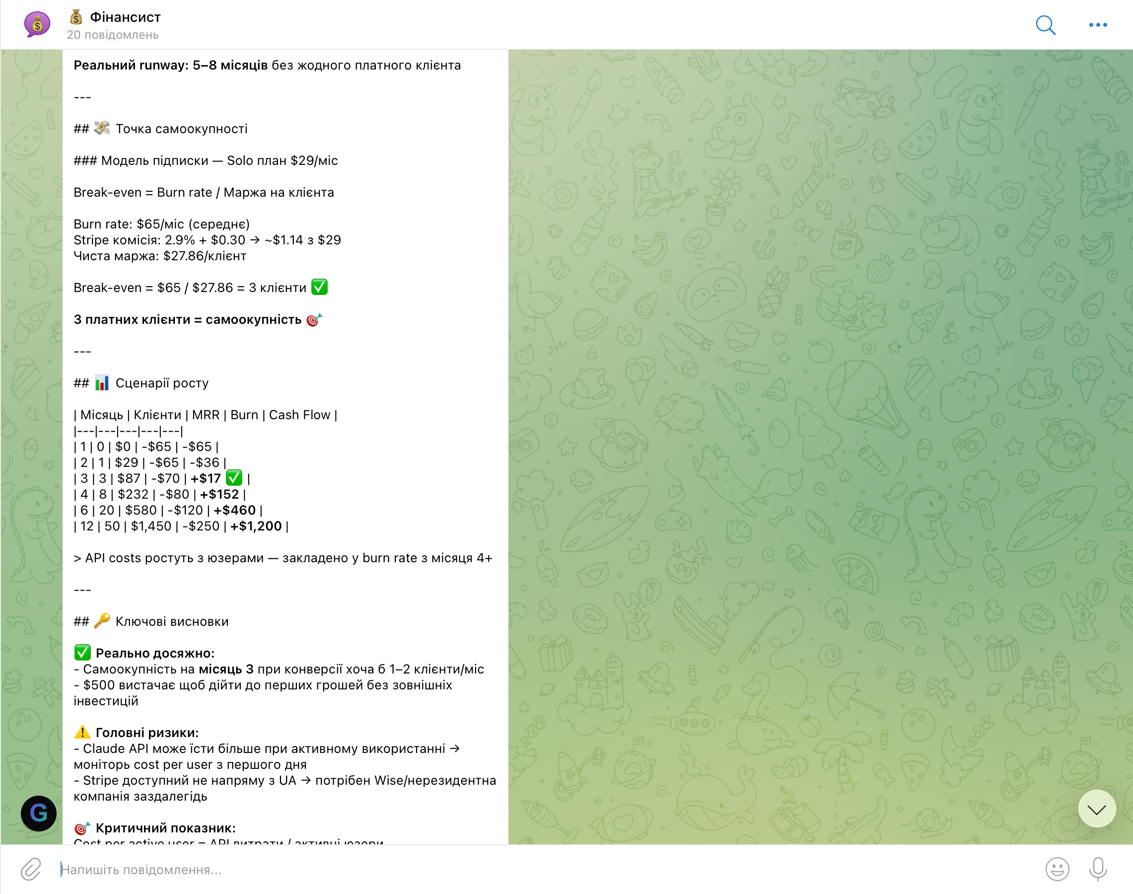 Фінансистка — break-even 3 клієнти сценарій росту MRR